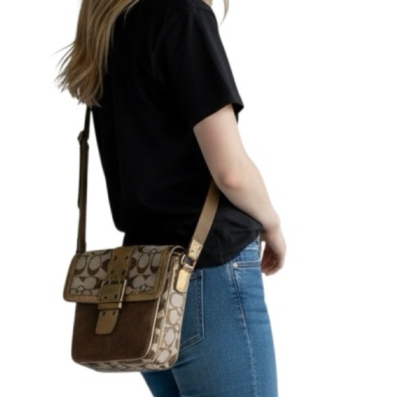Coach Legacy Suede Signature Canvas Bronze Brown Buckle Flap Crossbody Bag 7x8x1 - Picture 16 of 16